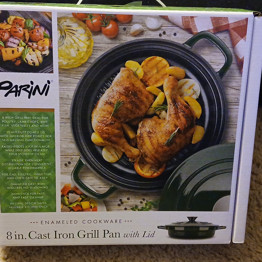 8" cast iron grill pan w lid. enameled